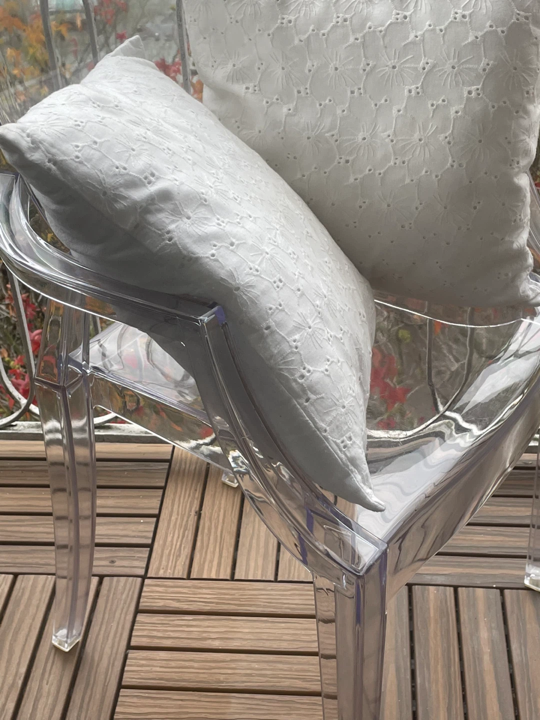 Clear modern chair/White Embroidered Throw Pillows