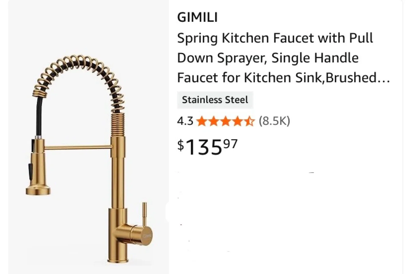 New Spring Kitchen Faucet with Pull Down Sprayer Brushed Gold image indicator(5)