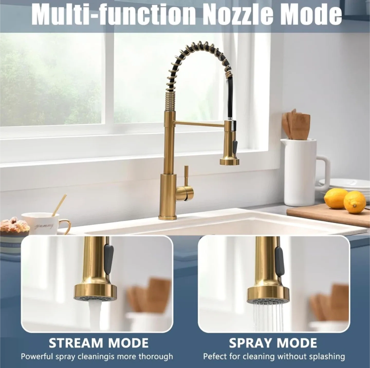 New Spring Kitchen Faucet with Pull Down Sprayer Brushed Gold image indicator(4)