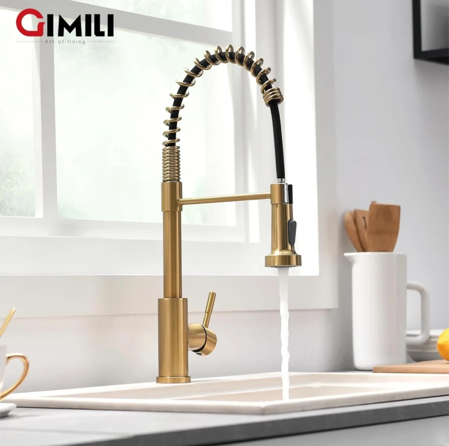 New Spring Kitchen Faucet with Pull Down Sprayer Brushed Gold image indicator(2)