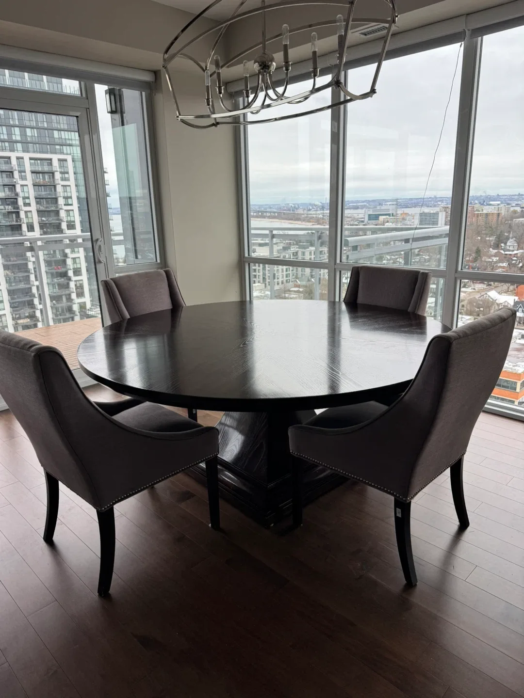 72” solid walnut dining room table + 6 chairs