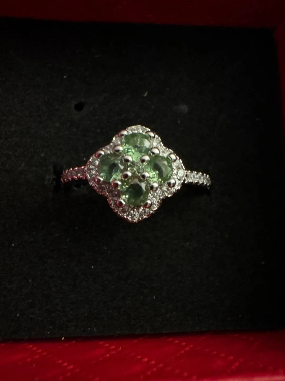 New silver Green peridot  Clover Ring