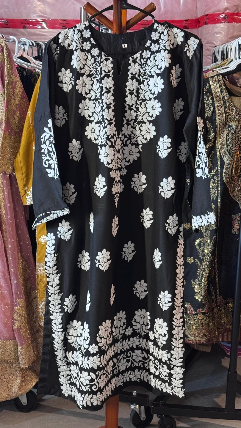 Black & White embossed Floral Embroidered Kurta Set
