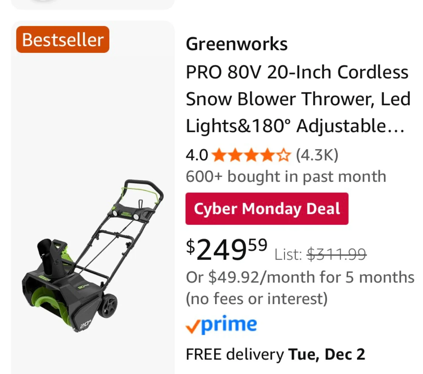 Greenworks Pro 80V Cordless Snow Thrower - Like New! image indicator(6)