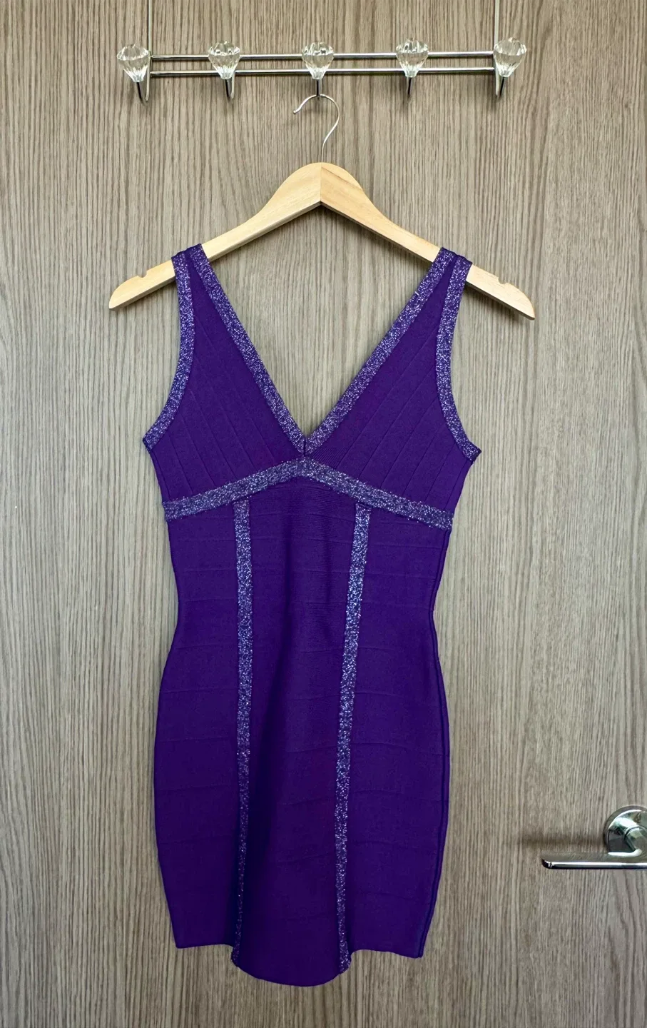 GUESS Purple Glitter-Trim Bandage Mini Dress image indicator(2)