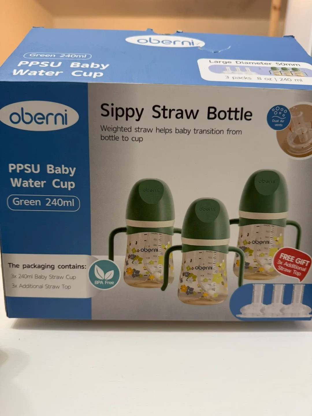 2 New Oberni PPSU Baby Water Cups, Green 8oz image indicator(2)