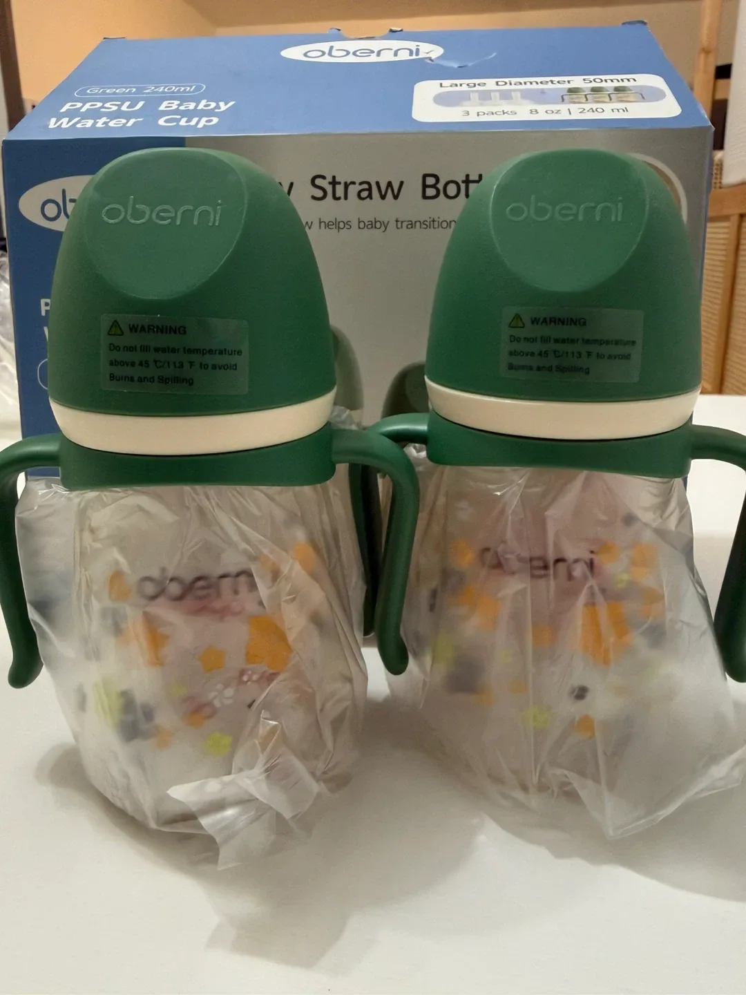2 New Oberni PPSU Baby Water Cups, Green 8oz