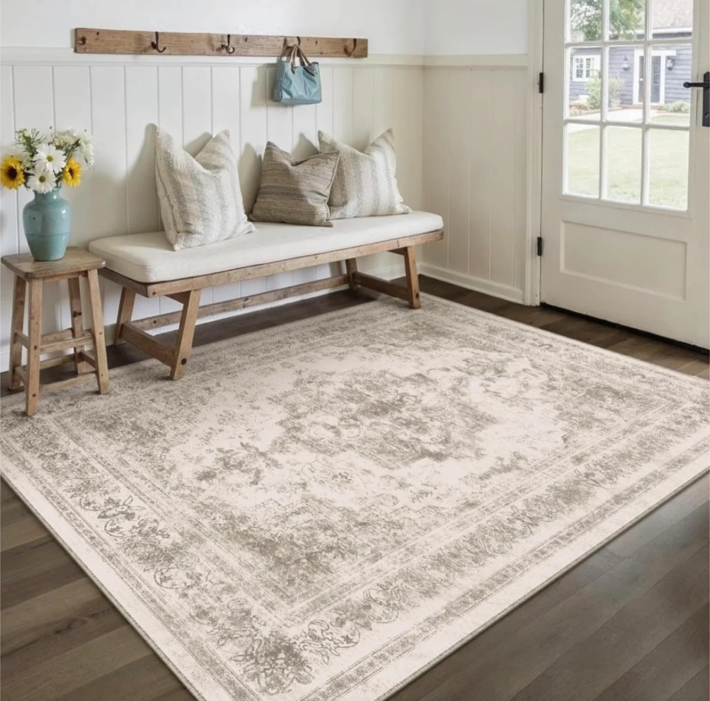 New 5x7 Area Rug Washable Vintage Taupe