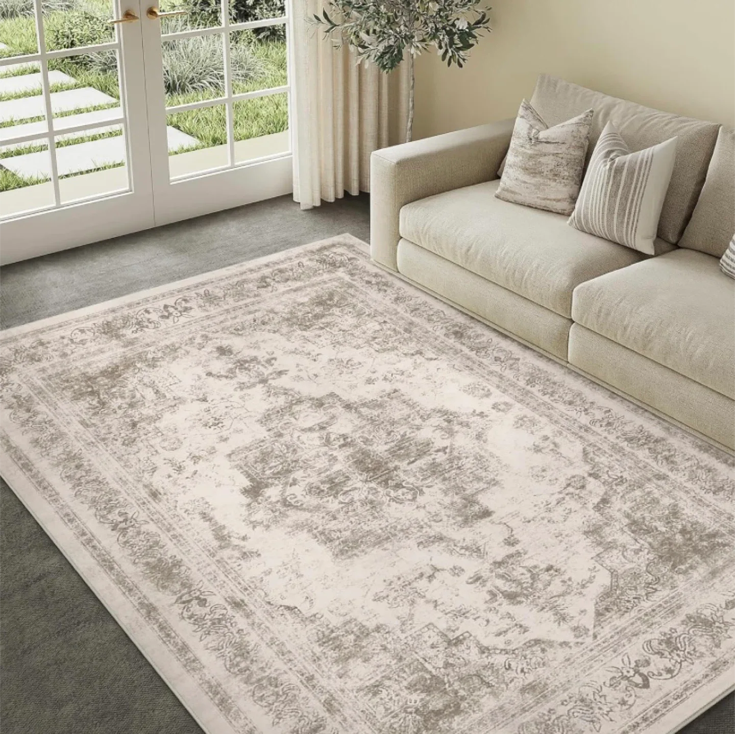 New 5x7 Area Rug Washable Vintage Taupe image indicator(2)