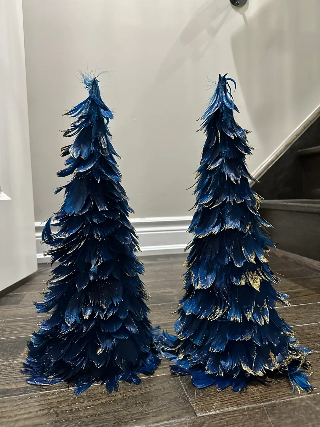 Feather Christmas Trees - Set of 2, Blue & Gold
