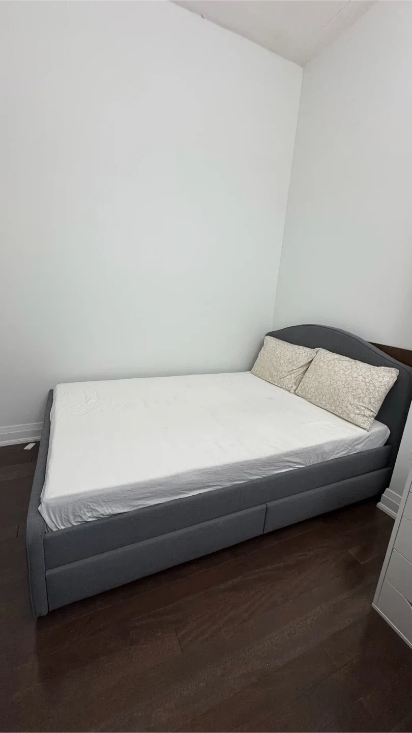 IKEA Grey Upholstered Bed Frame with Storage - W/WO Mattress