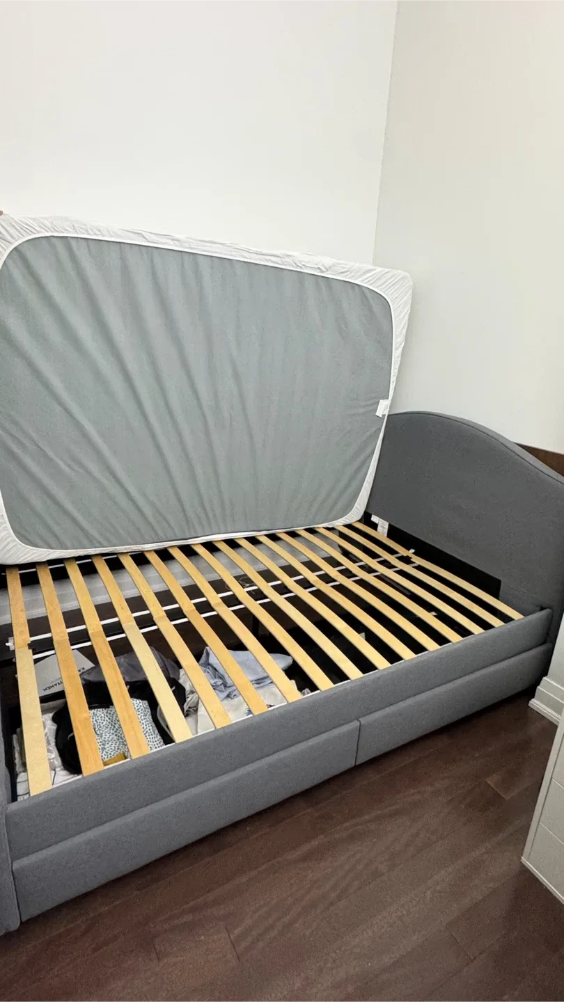 IKEA Grey Upholstered Bed Frame with Storage - W/WO Mattress image indicator(2)