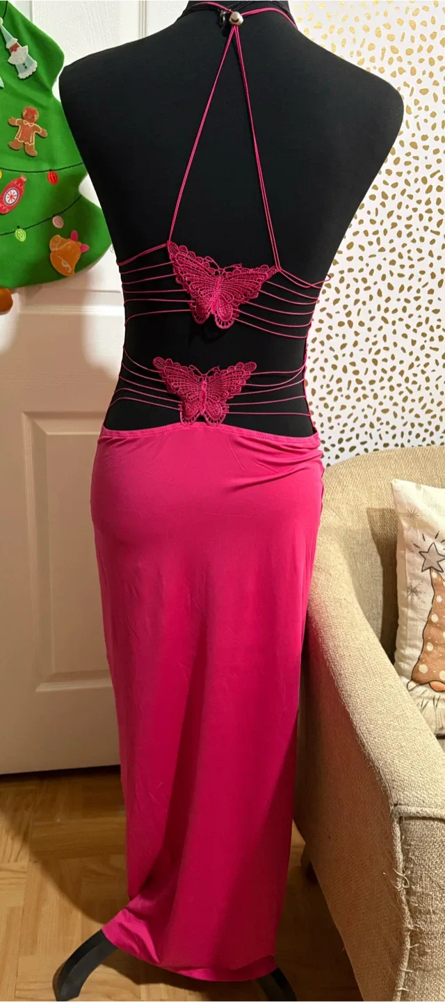 Pink Butterfly Backless Maxi Dress image indicator(3)