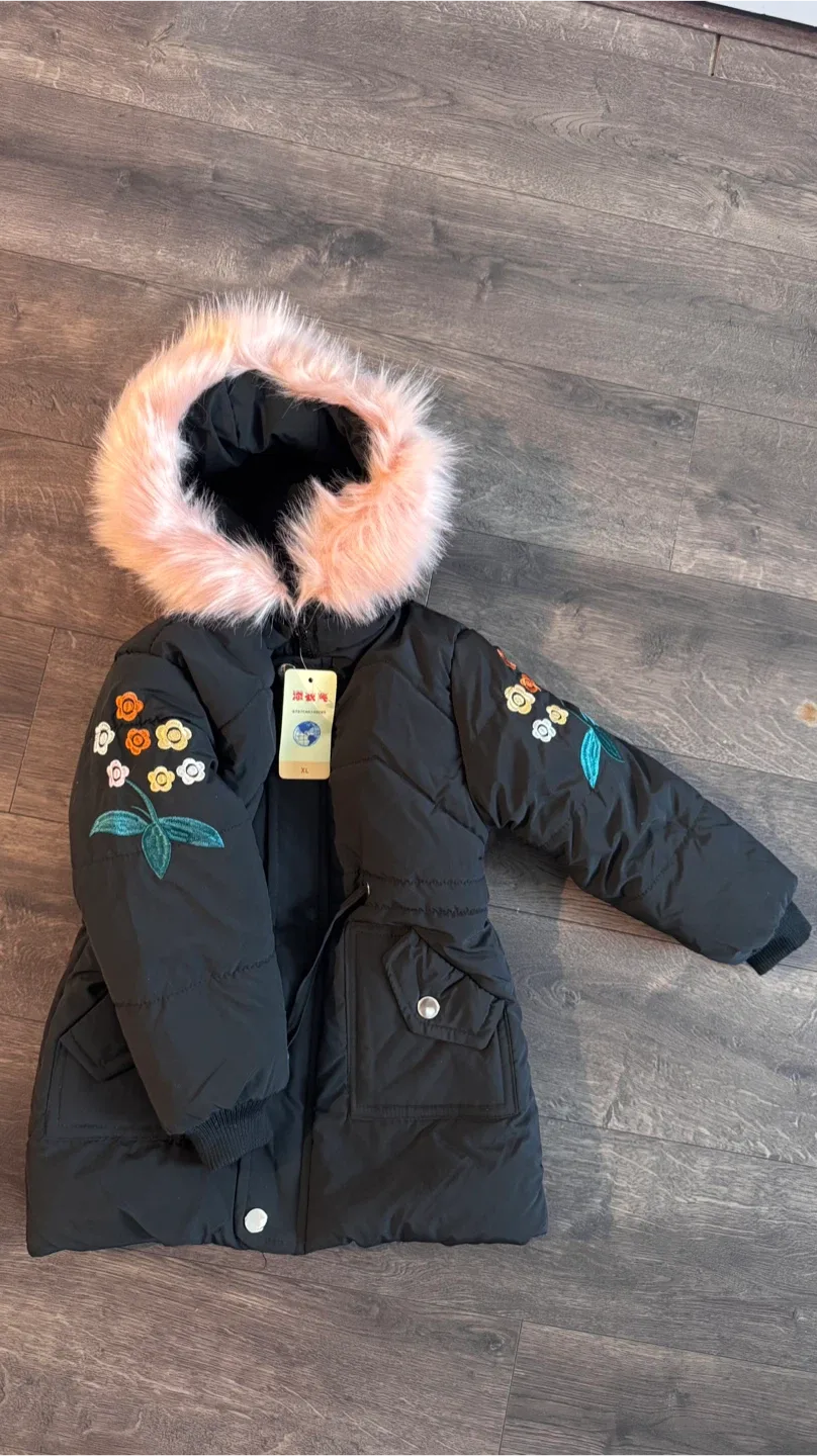 Black Winter Coat with Floral Design (Size XL)