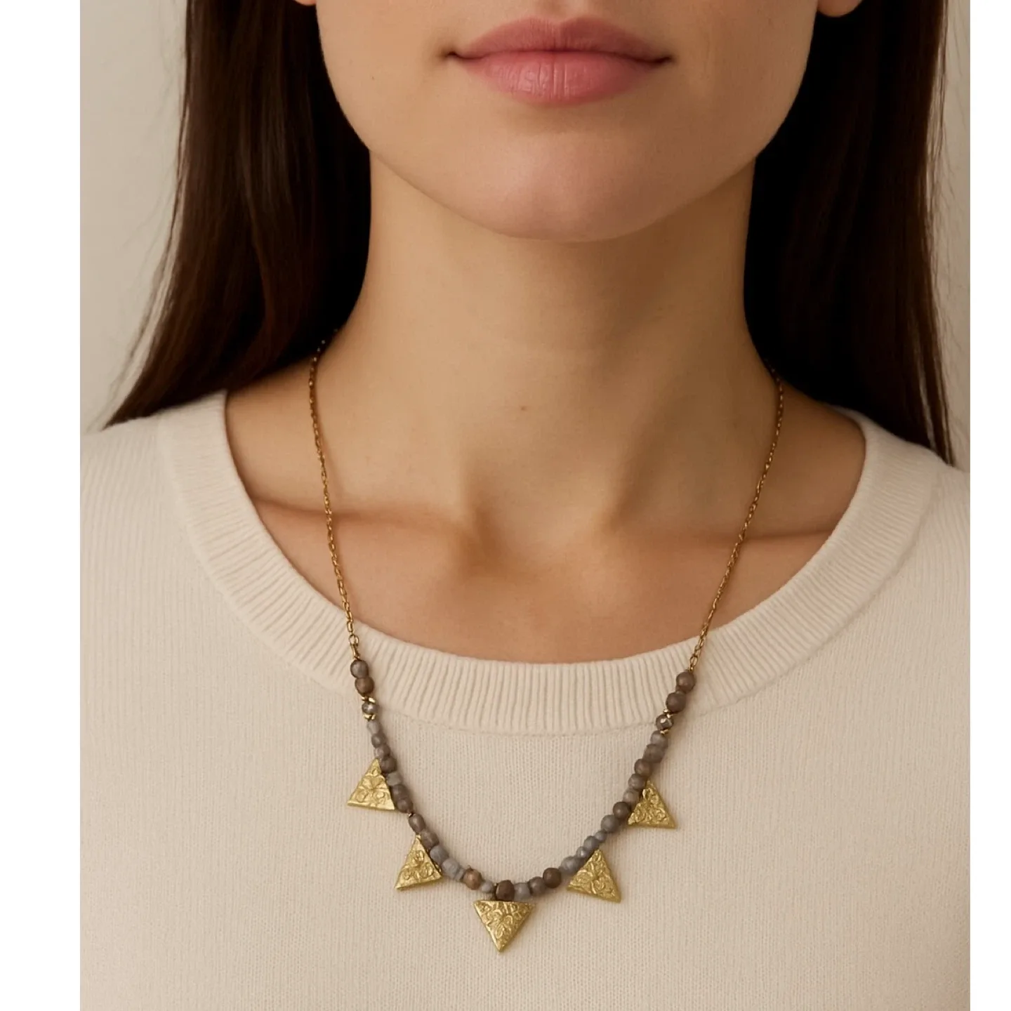 Canvas Multi Bead Gold Tone Triangle Charm Necklace Adjustable