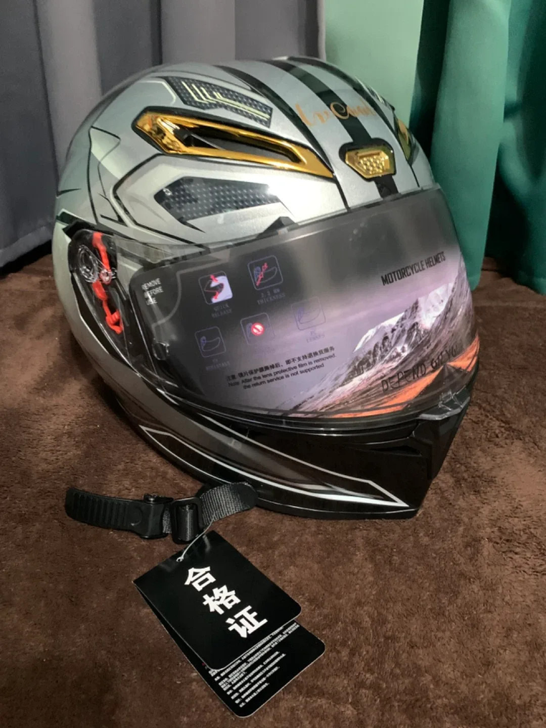 Motorcycle Helmet Black with Gold Size Large Leather