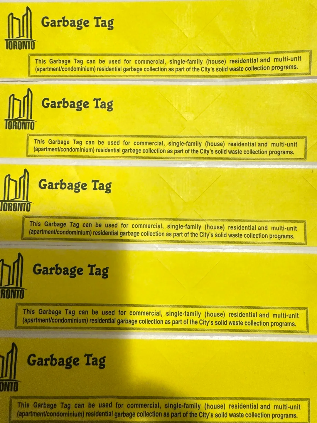 10*City of Toronto Garbage Bag Tag, Yellow