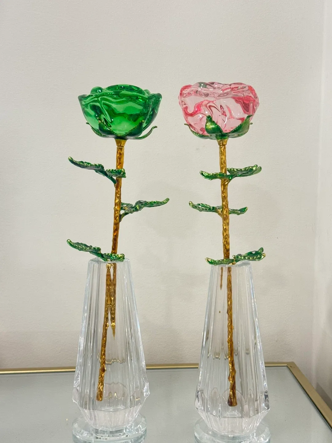Glass Rose with Vase - Pink & Green