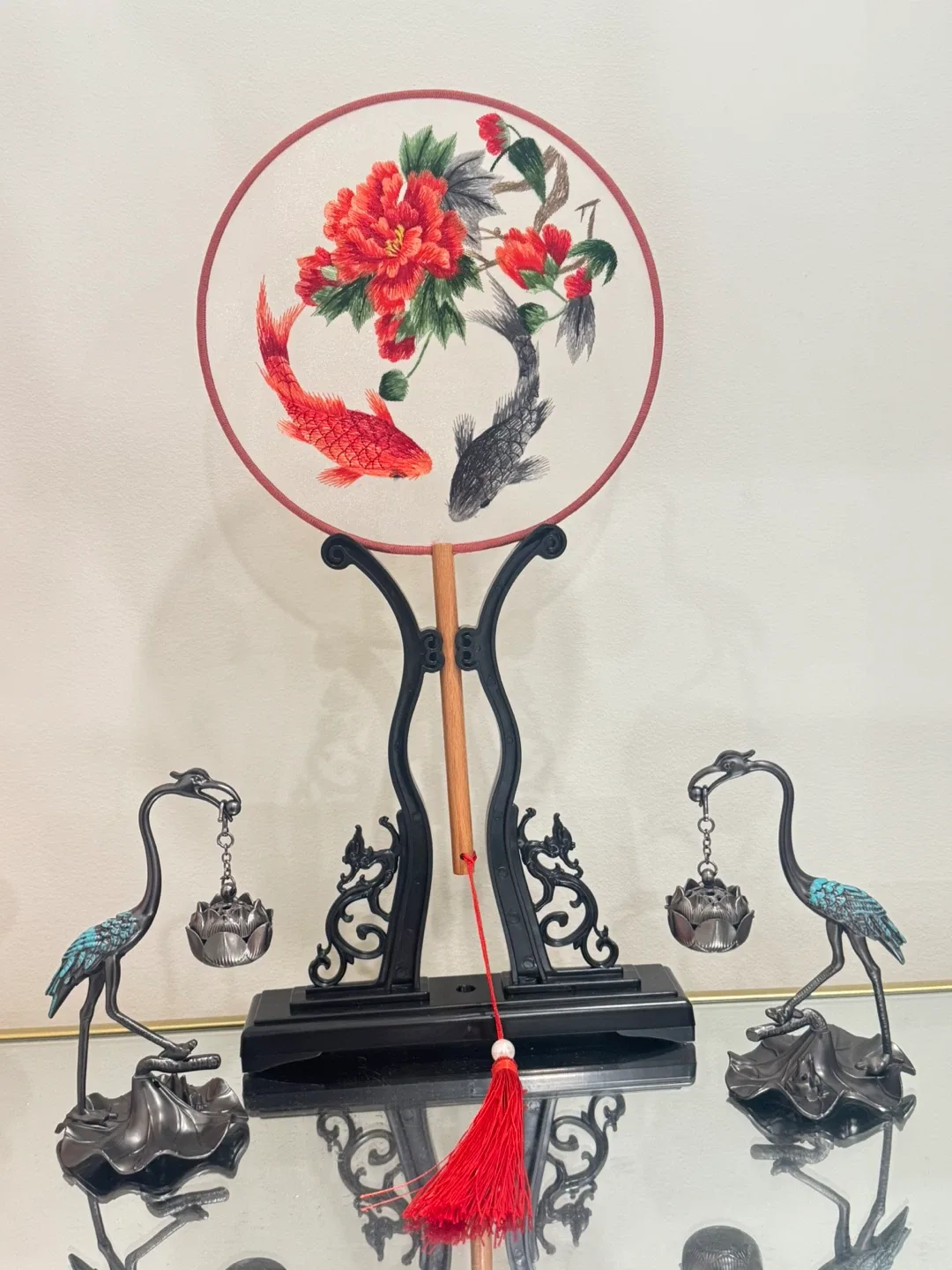 Hand Embroidered Silk Fan with Crane Statues