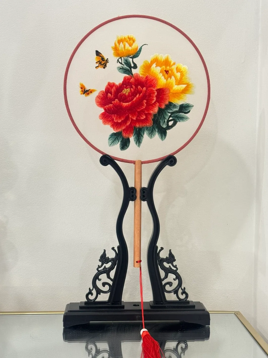 Embroidered Floral Silk Fan with Stand