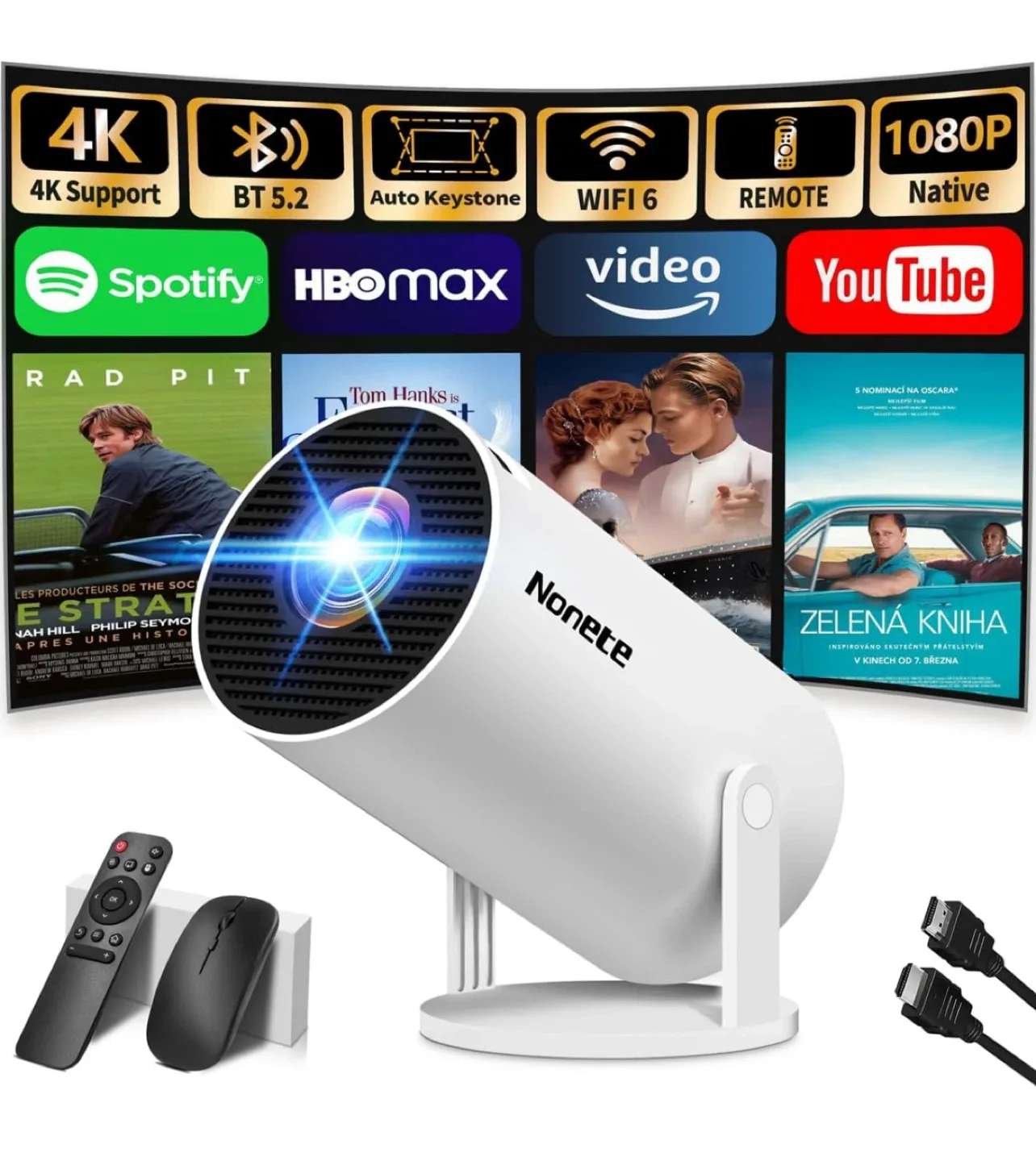 Nonete Projector - 4K Support, WiFi 6, 1080p Native