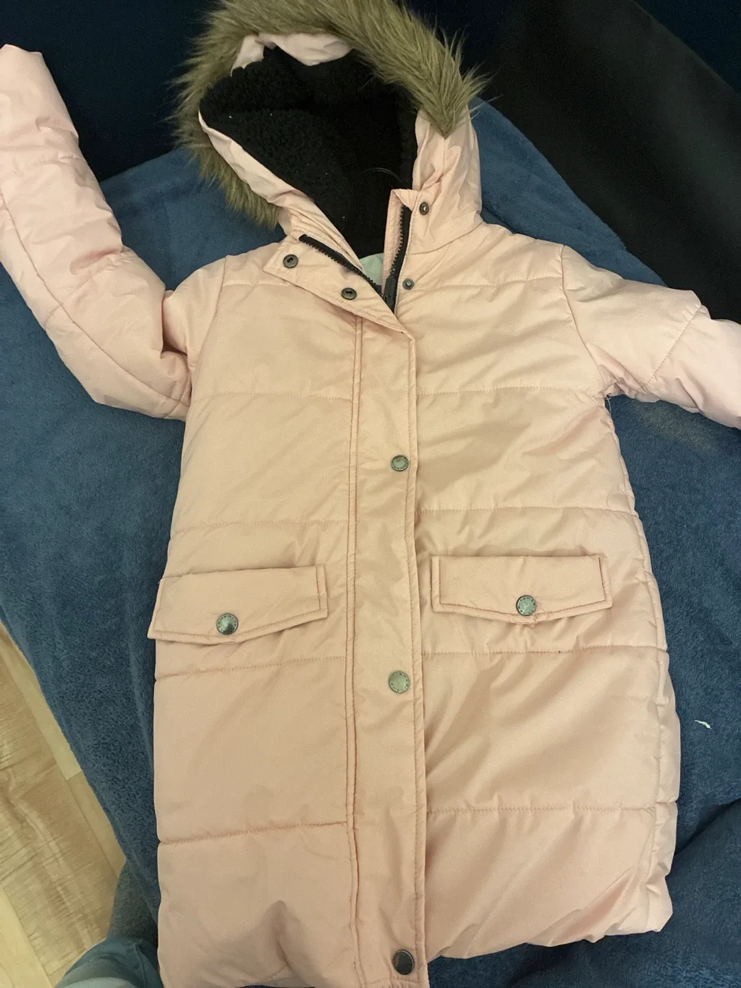 Pink Puffer Coat with Faux Fur Hood