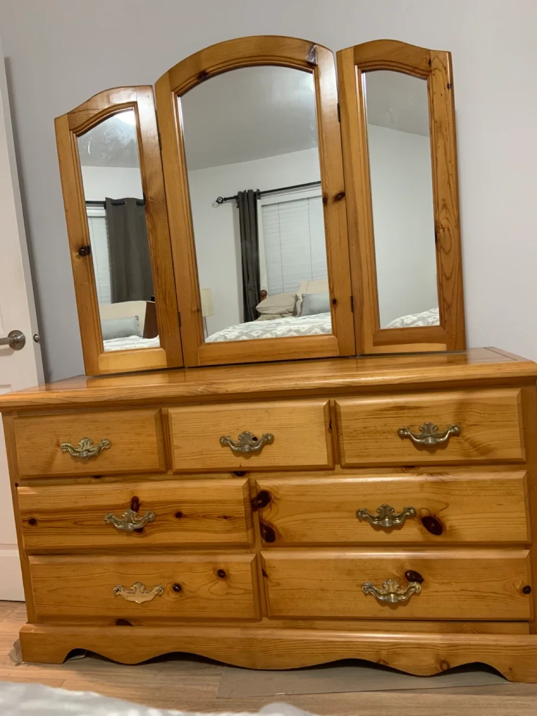 Wooden Dresser with Triple Mirror