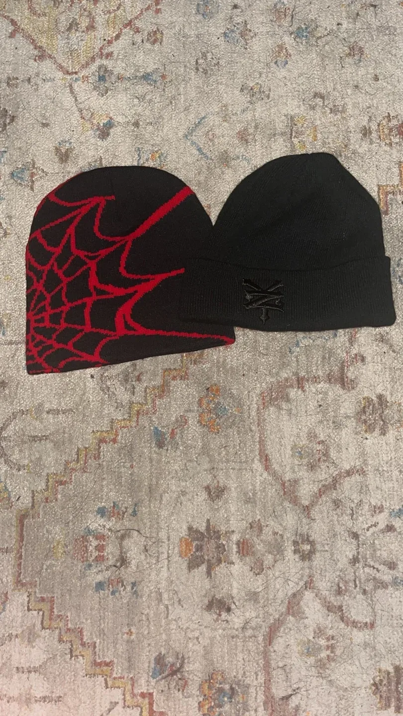 2 Black Beanies: Spiderweb & Embroidered Logo