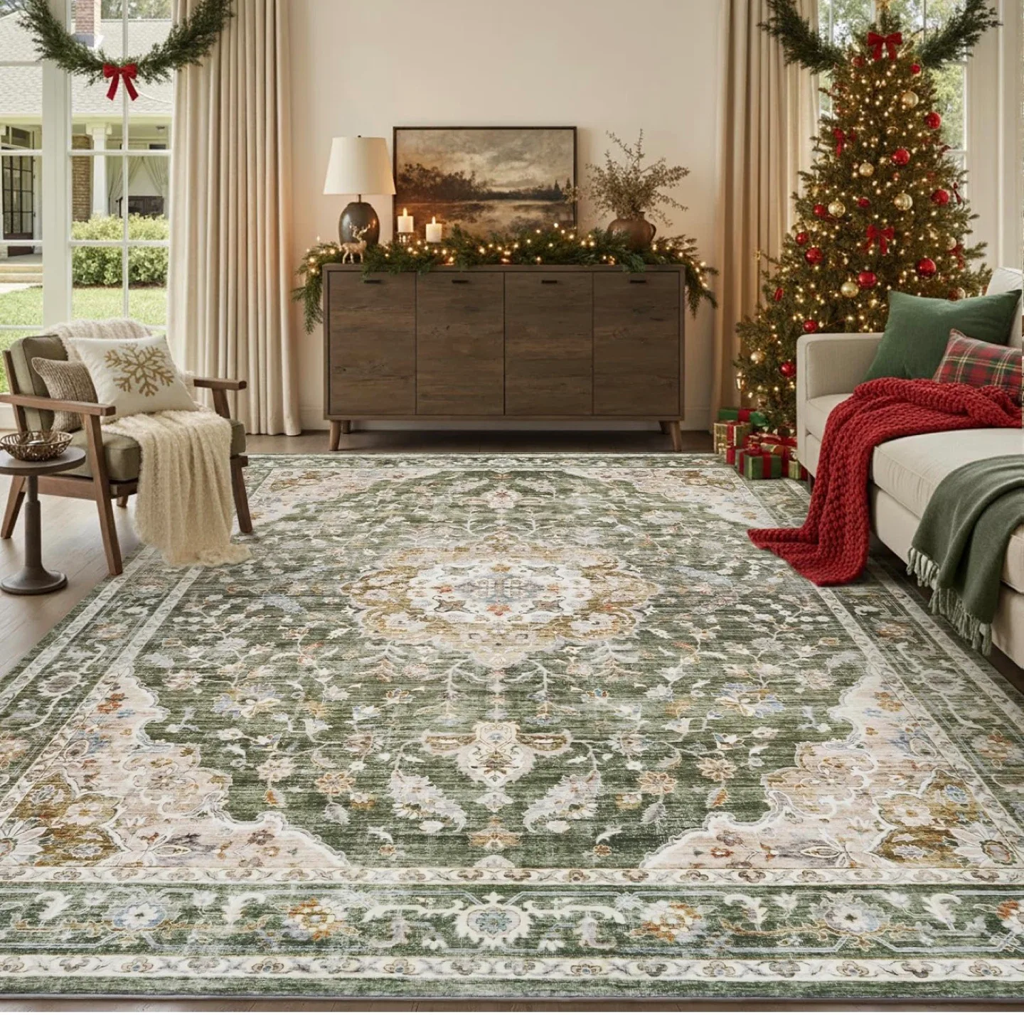 Green & Beige Area Rug - Machine Washable