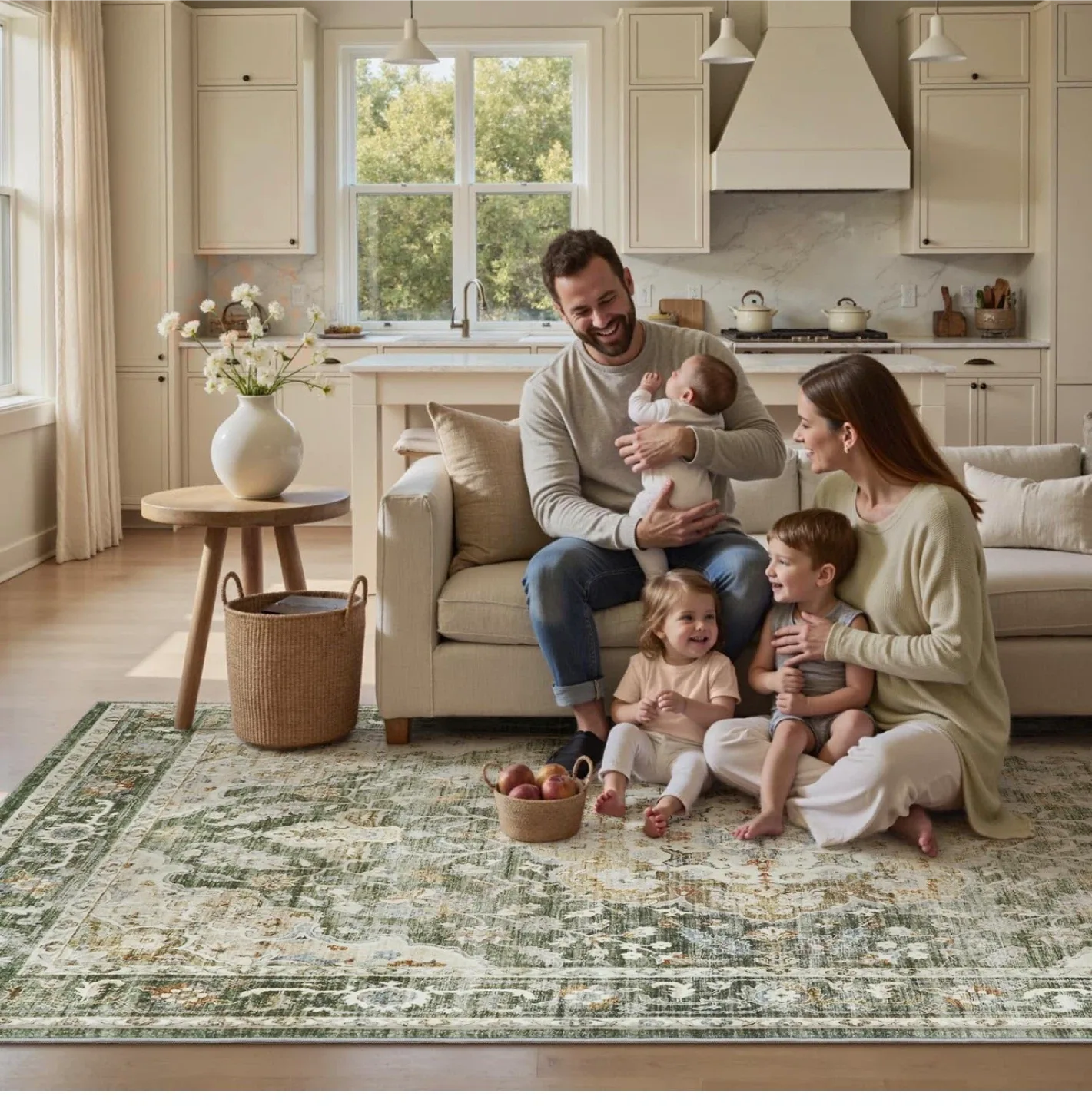 Green & Beige Area Rug - Machine Washable image indicator(6)