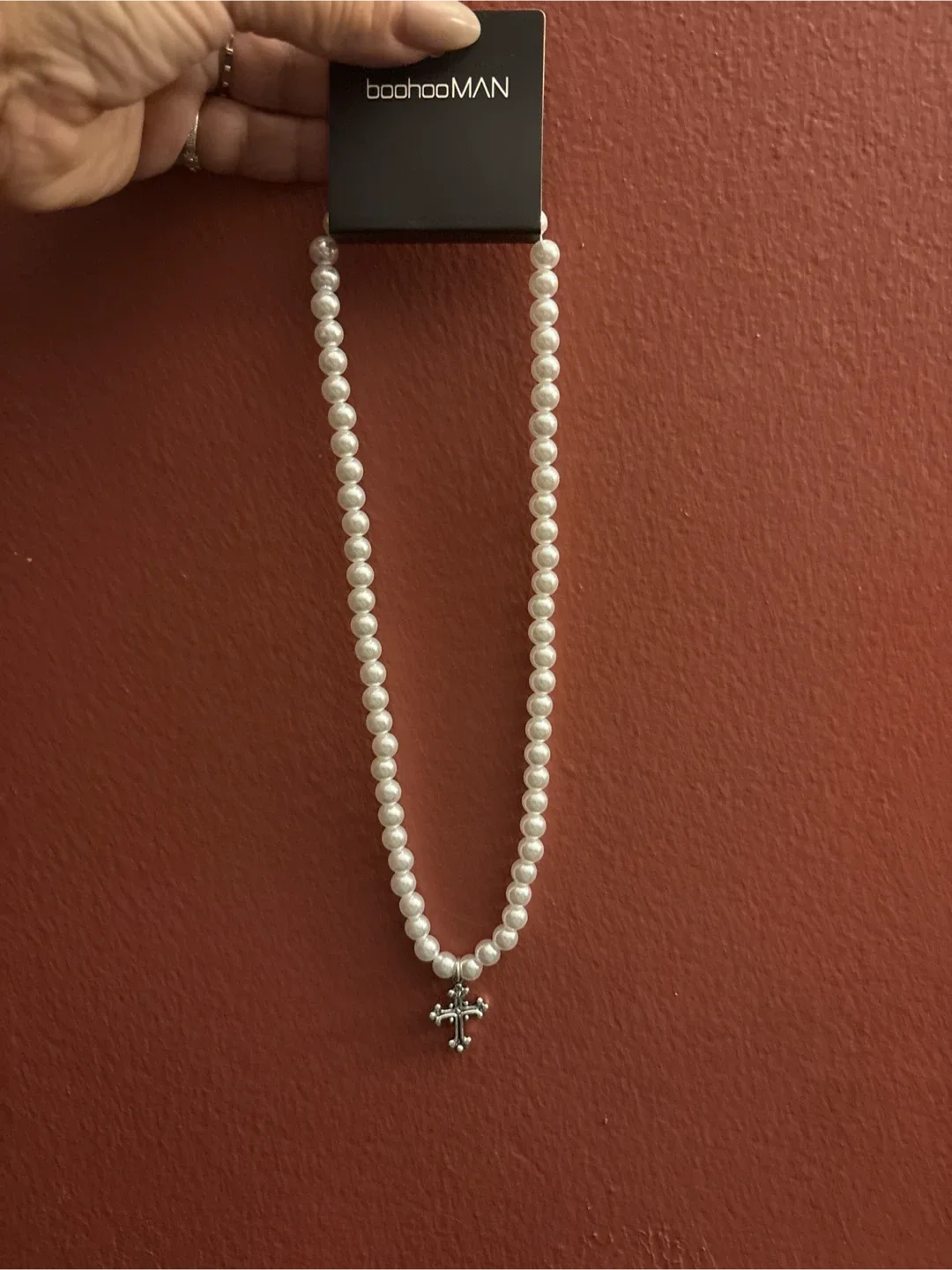 boohooMAN Pearl Beaded Cross Necklace - New