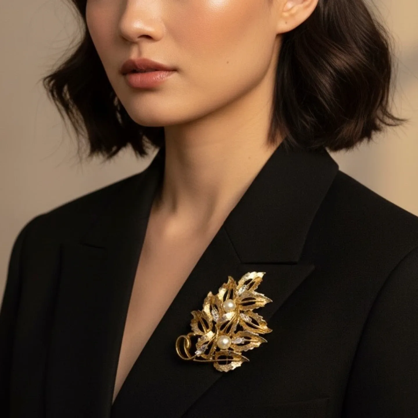 Vintage Gold Tone Pearl Marquise Rhinestone Leaf Brooch