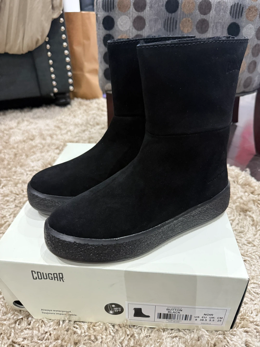 Cougar Button Black Waterproof Boots - Size 8