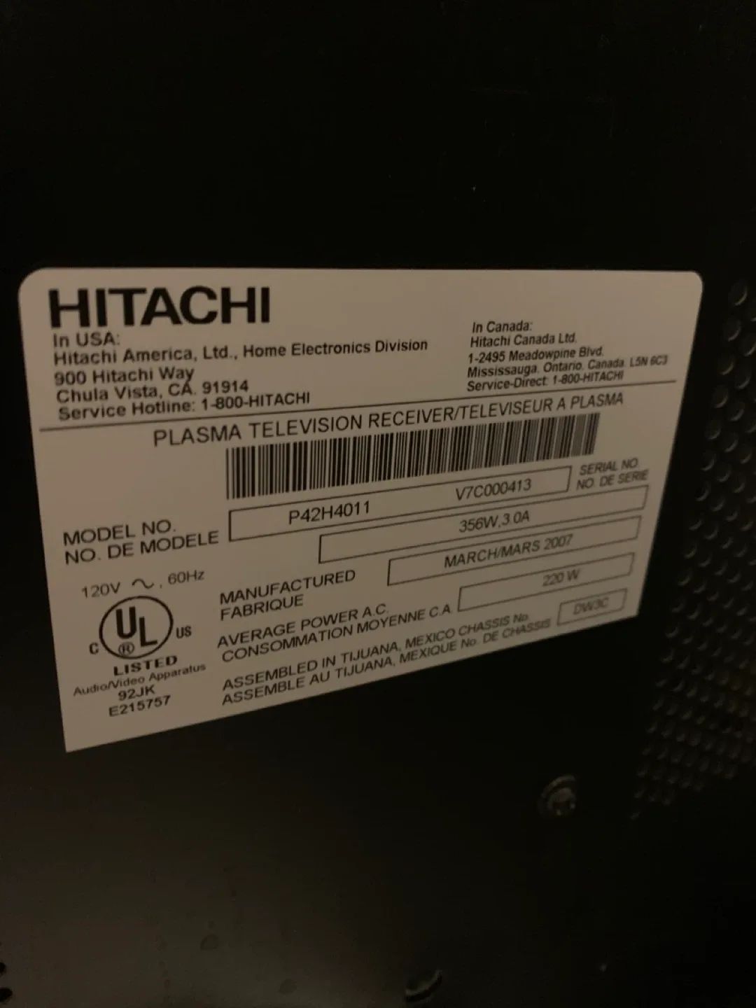 Hitachi 42” Plasma TV image indicator(2)
