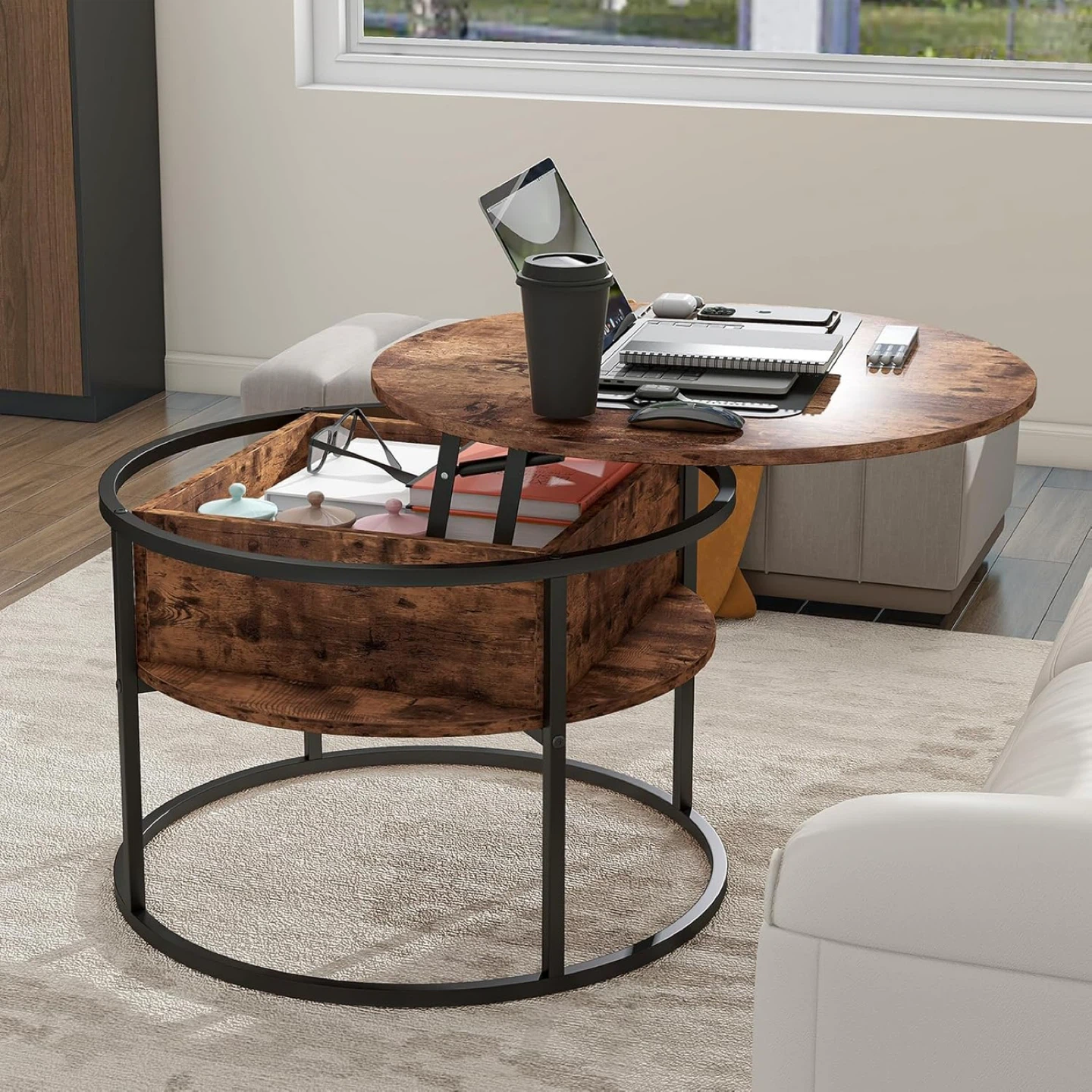 Lift Top Coffee Table - Round Wood & Metal - photo 3