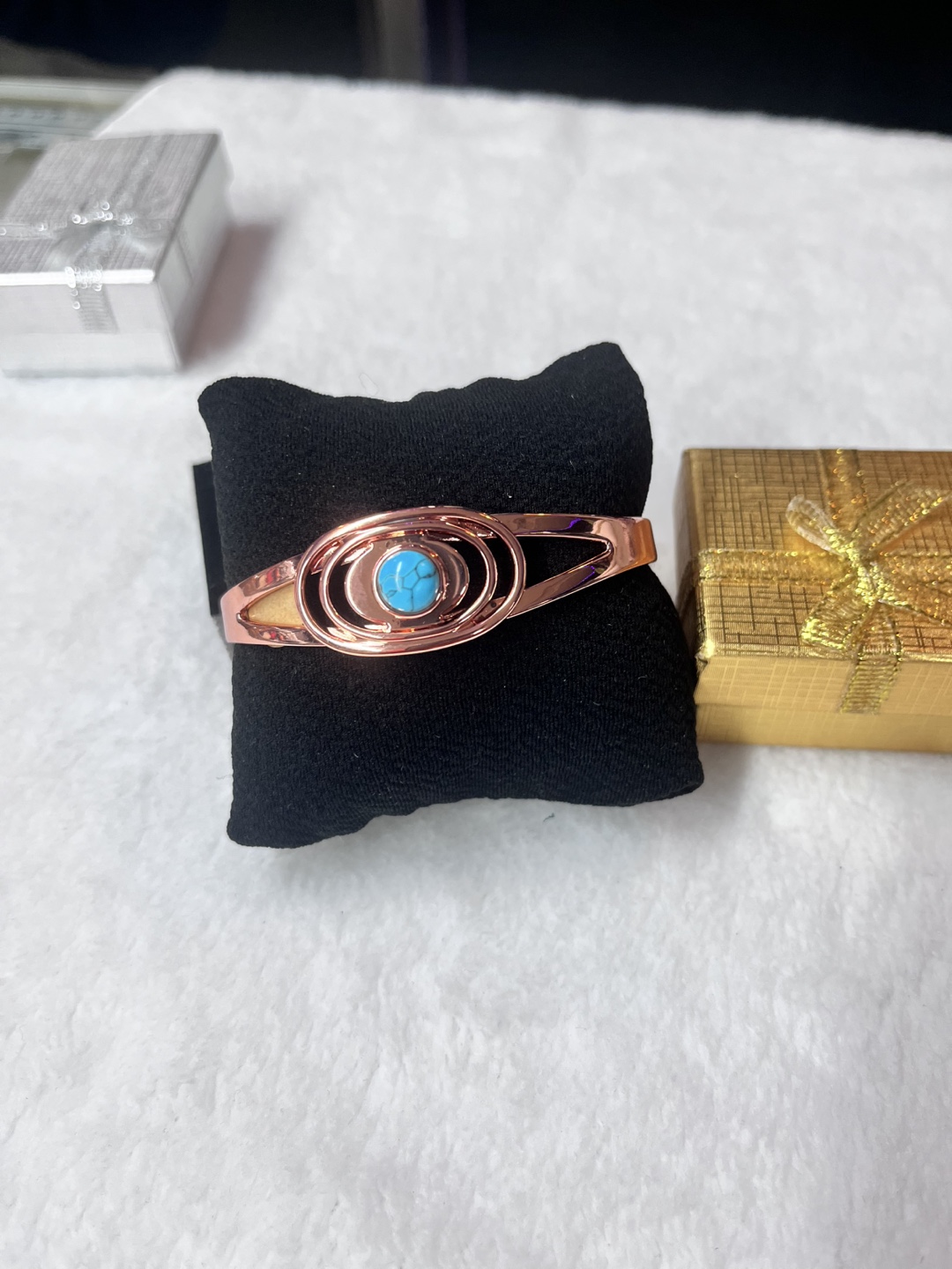 Rose cobre Tone Bangle Bracelet with Turquoise Stone - photo 3