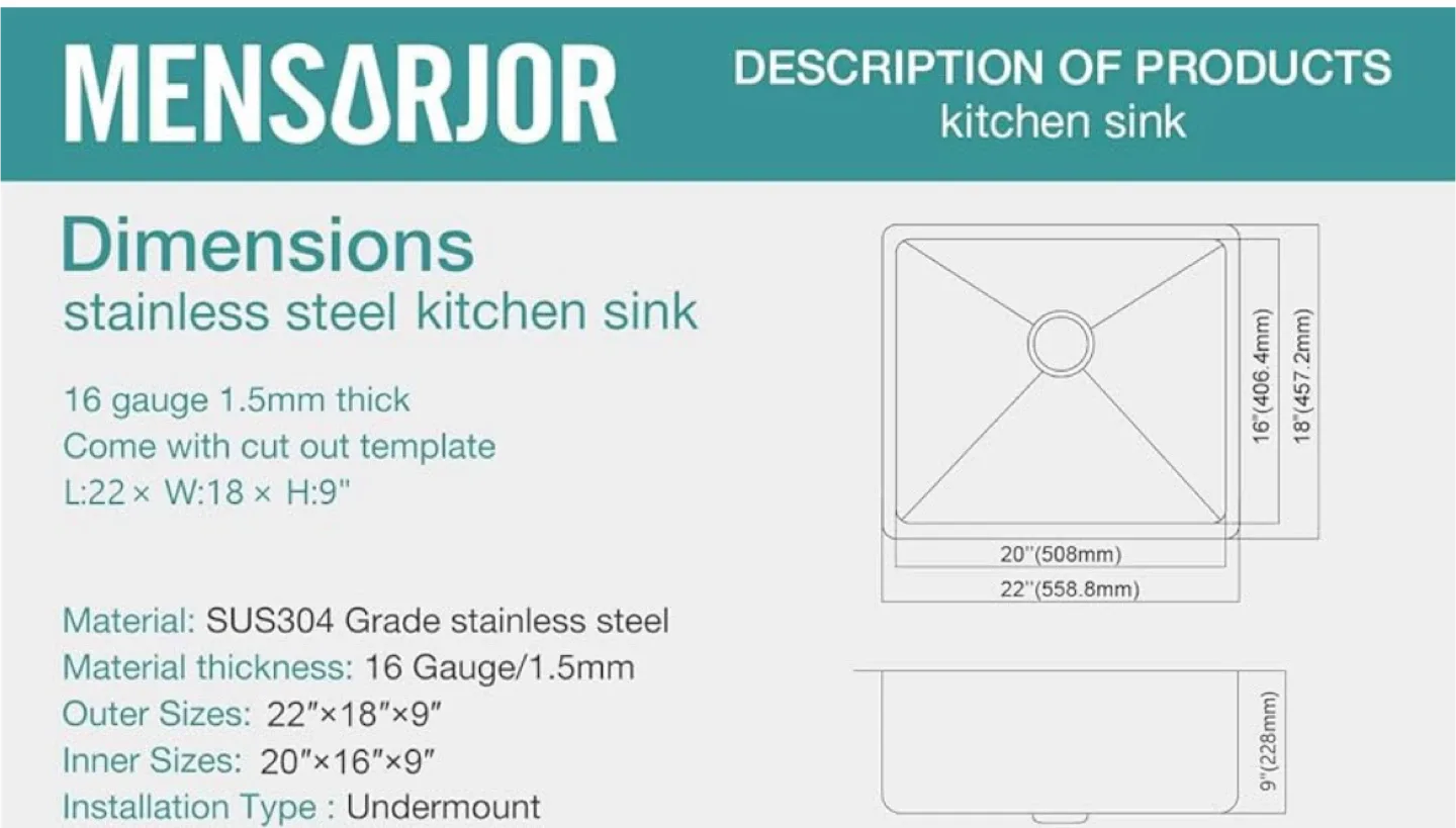MENSARJOR Stainless Steel Kitchen Sink 22x18x9" image indicator(2)