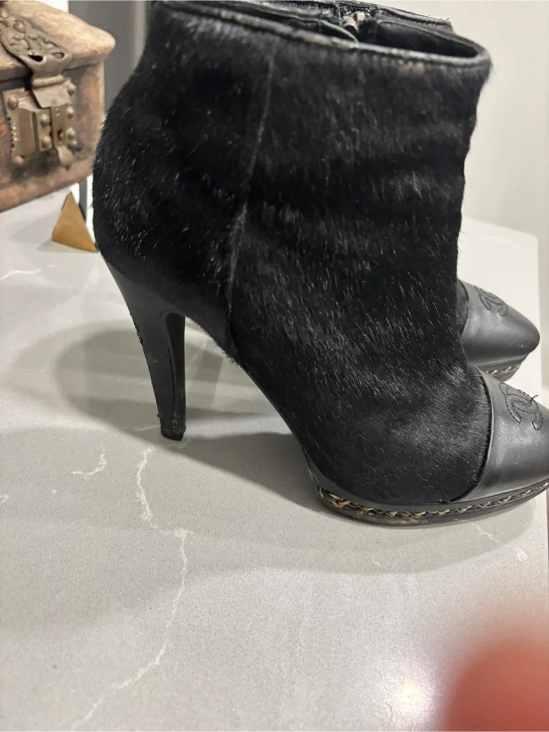 Chanel Black Leather & Fur Ankle Boots image indicator(3)