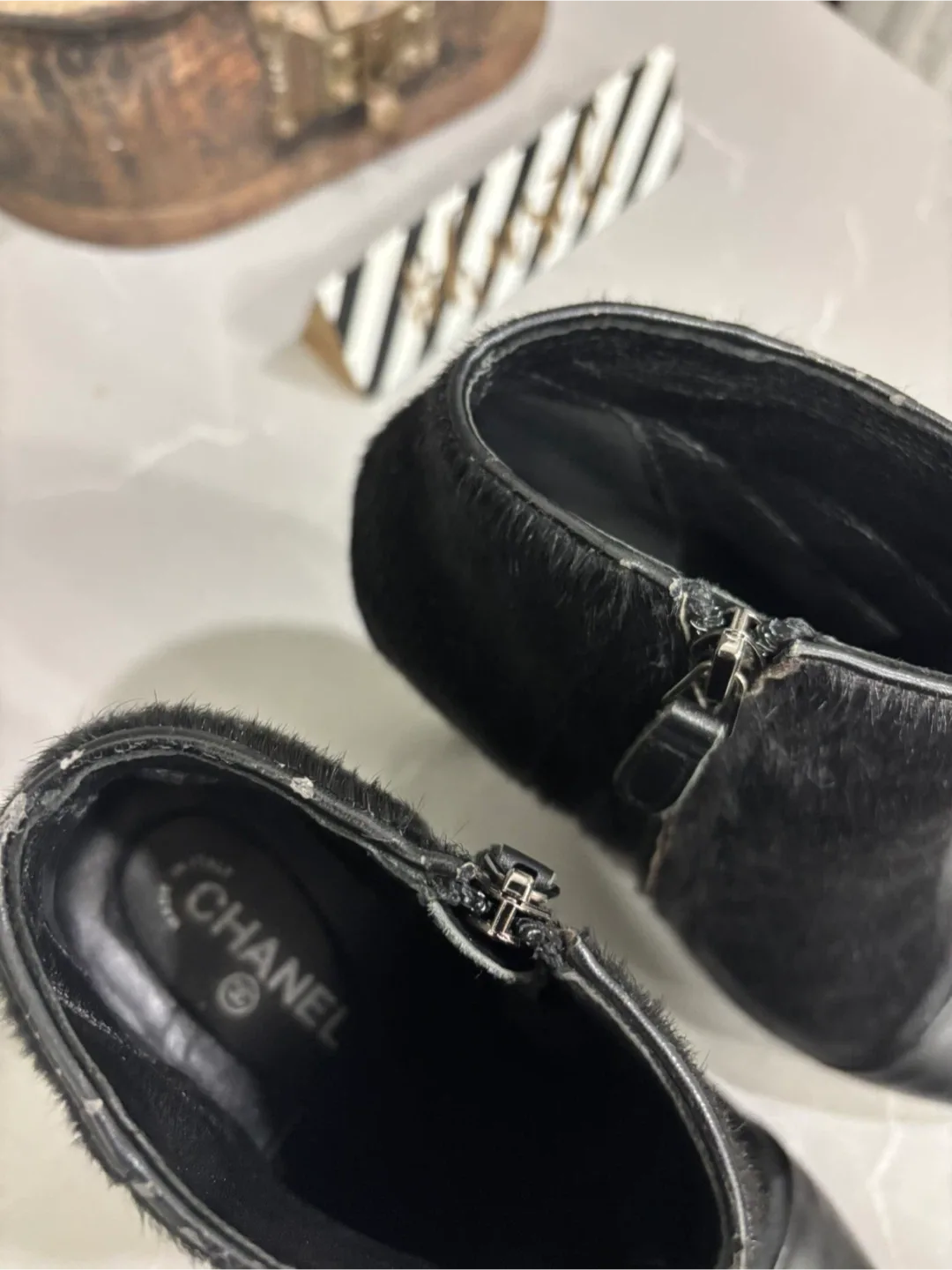 Chanel Black Leather & Fur Ankle Boots image indicator(2)