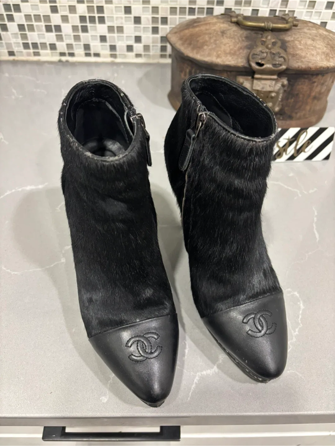 Chanel Black Leather & Fur Ankle Boots