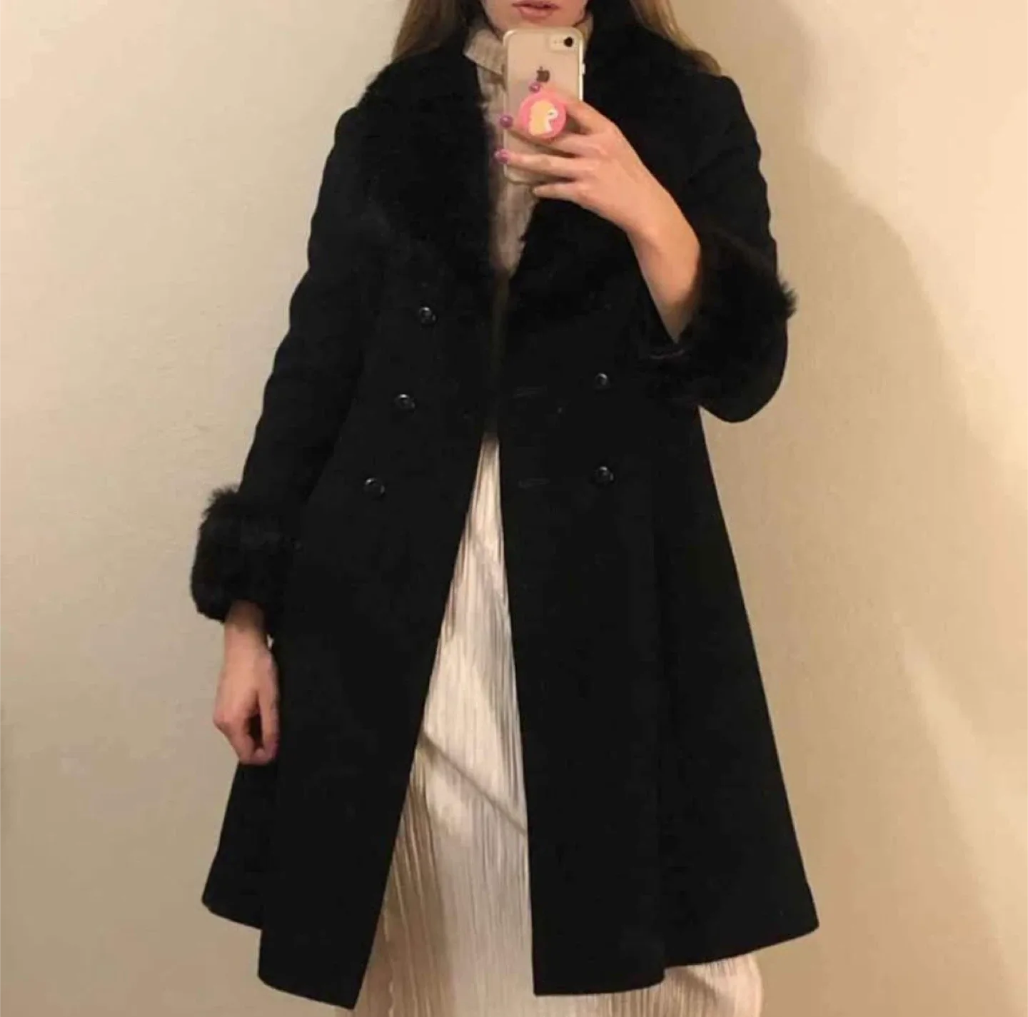 Vintage Black Coat with Fur Trim