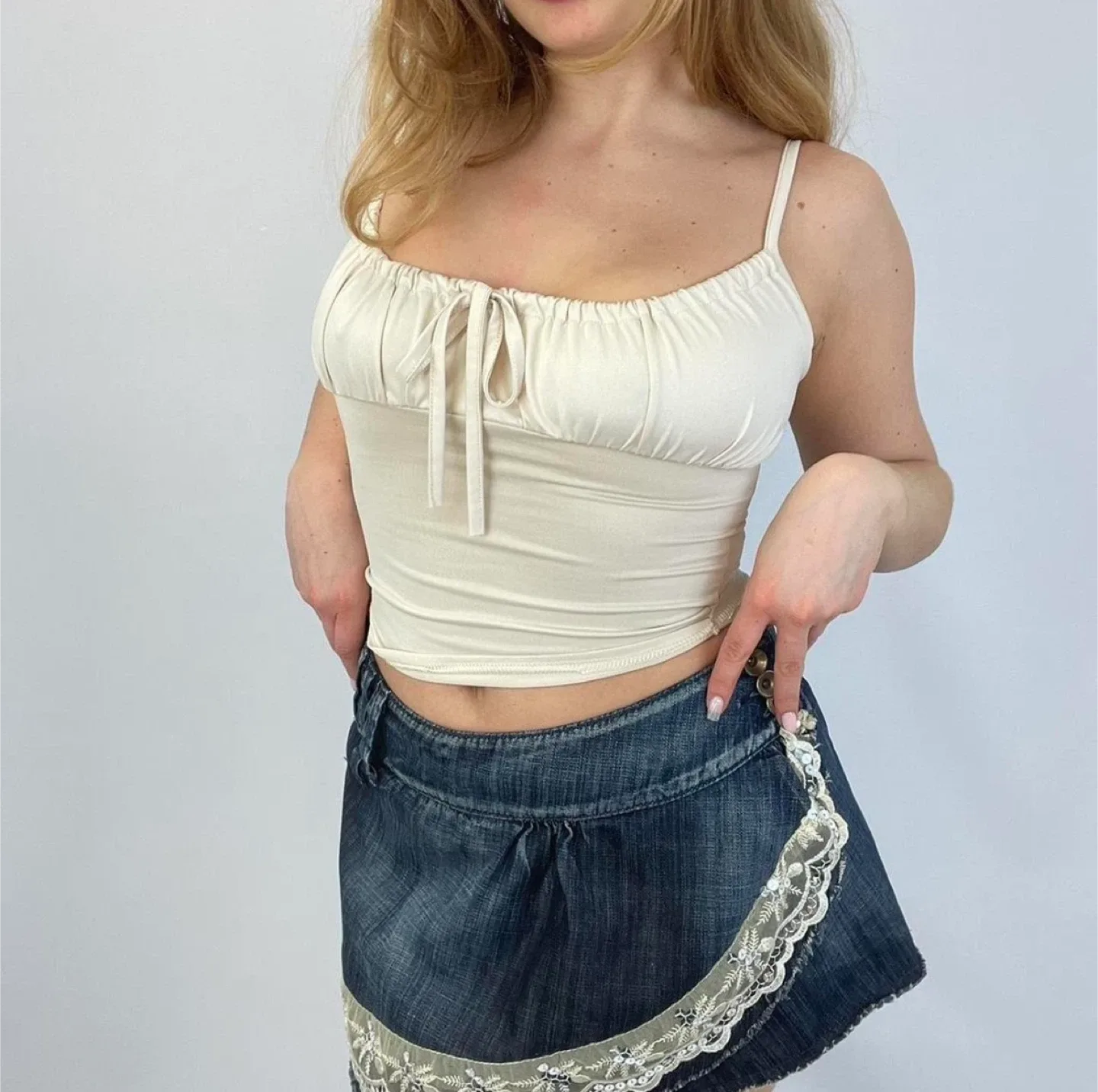 90’s Ruched Tie-Front Cami Top - Beige