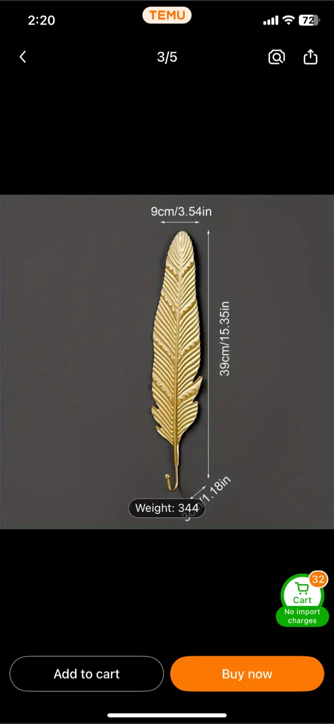 Gold Leaf Decorative Wall Hooks (Set of 3) - photo 2