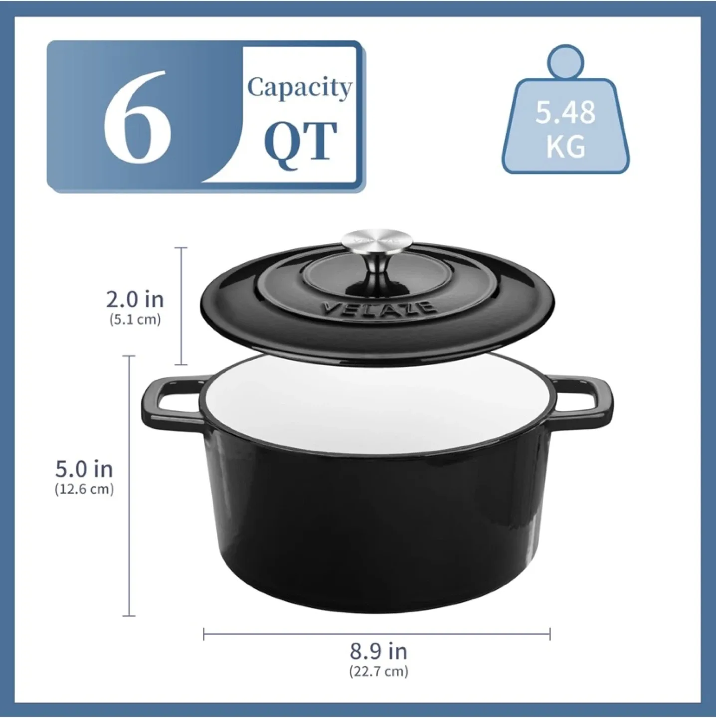 New Velaze 6 QT Enameled Cast Iron Dutch Oven Black image indicator(2)