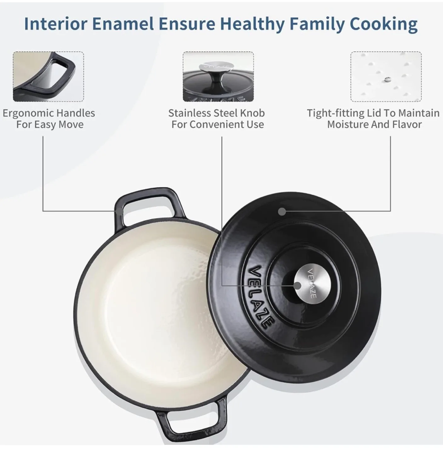 New Velaze 6 QT Enameled Cast Iron Dutch Oven Black image indicator(5)