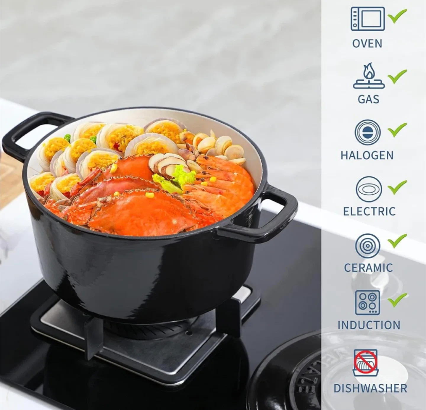 New Velaze 6 QT Enameled Cast Iron Dutch Oven Black image indicator(3)