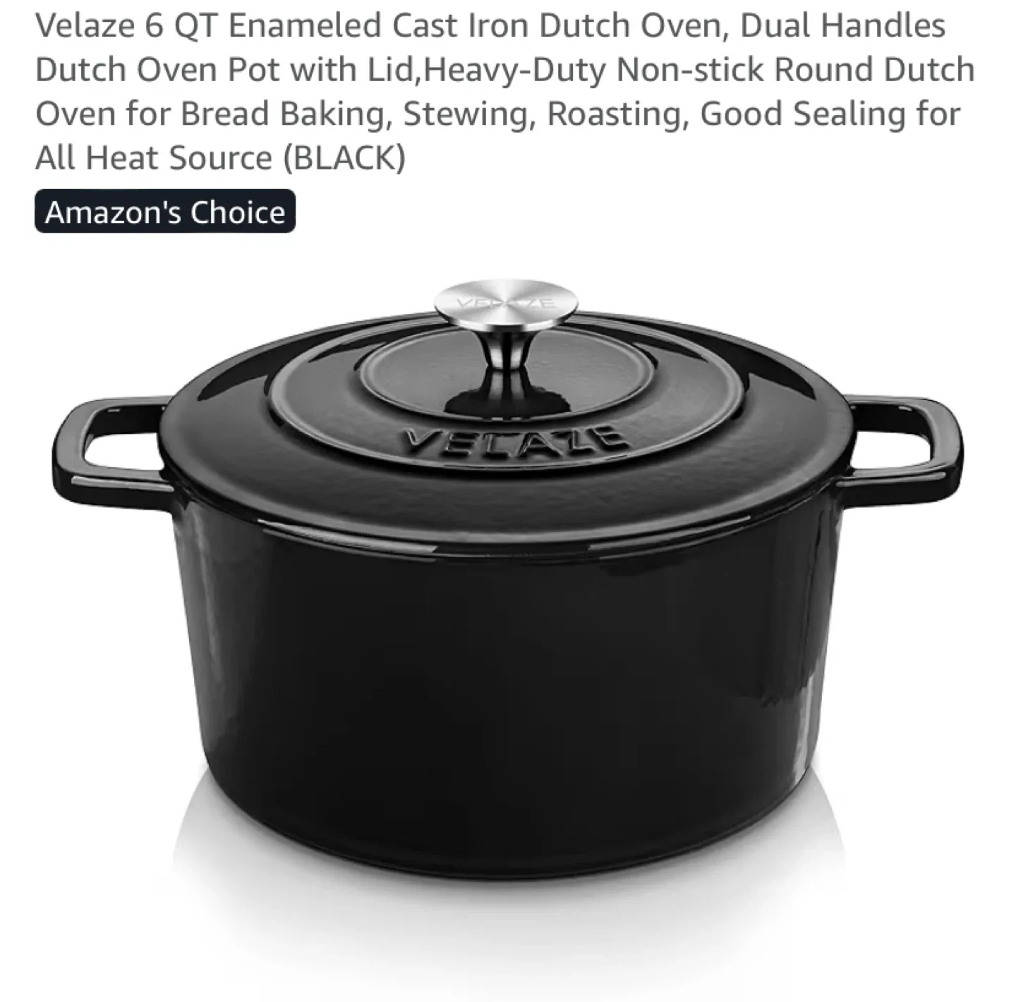 New Velaze 6 QT Enameled Cast Iron Dutch Oven Black