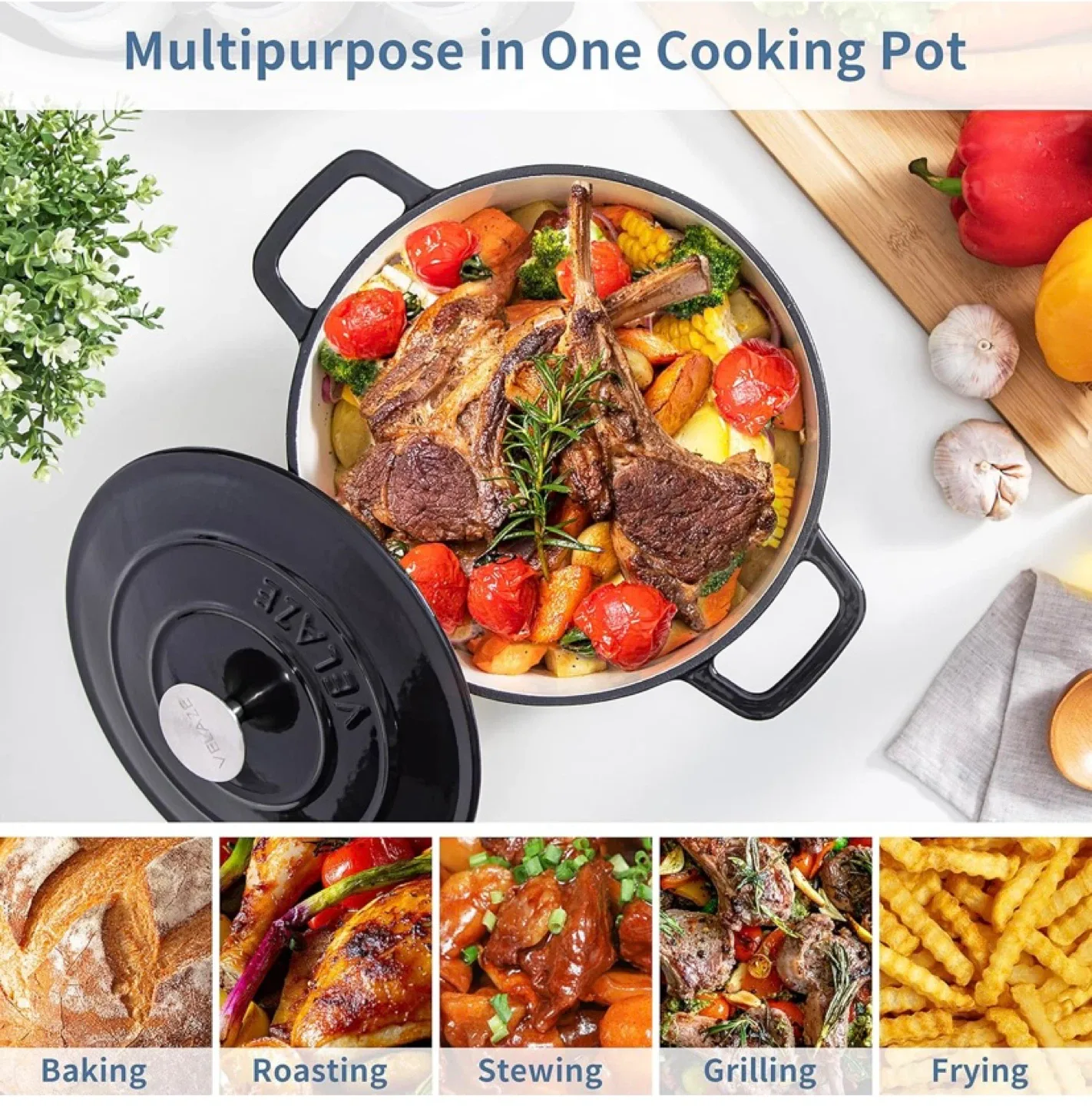 New Velaze 6 QT Enameled Cast Iron Dutch Oven Black image indicator(4)