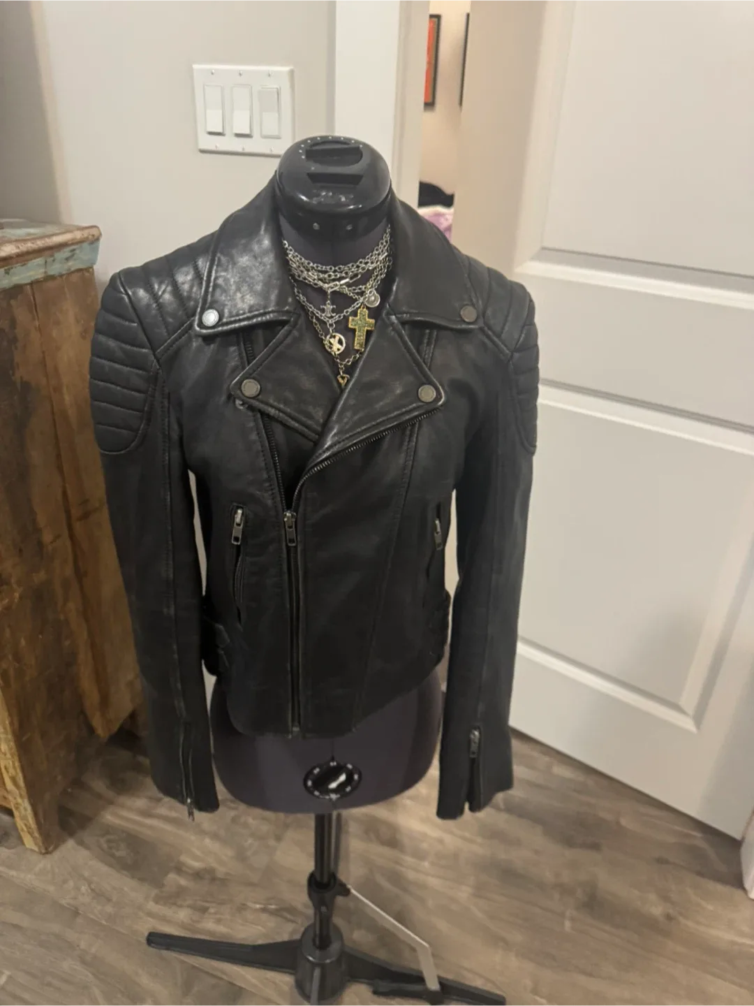 Black lambskin Leather quilted Moto Jacket - fits like xs