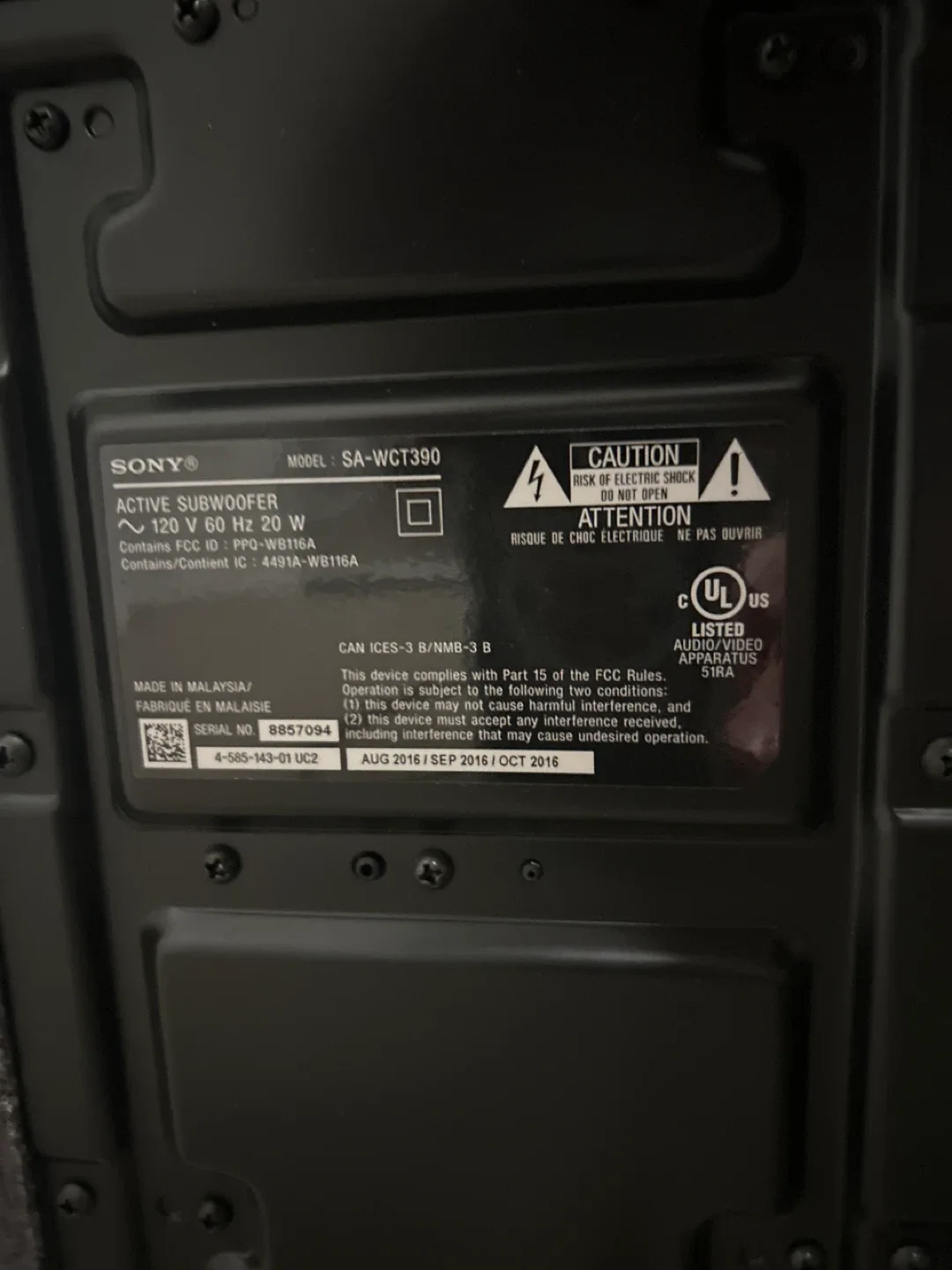 Sony sound system: SA-WCT390 Active Subwoofer and soundbar image indicator(3)